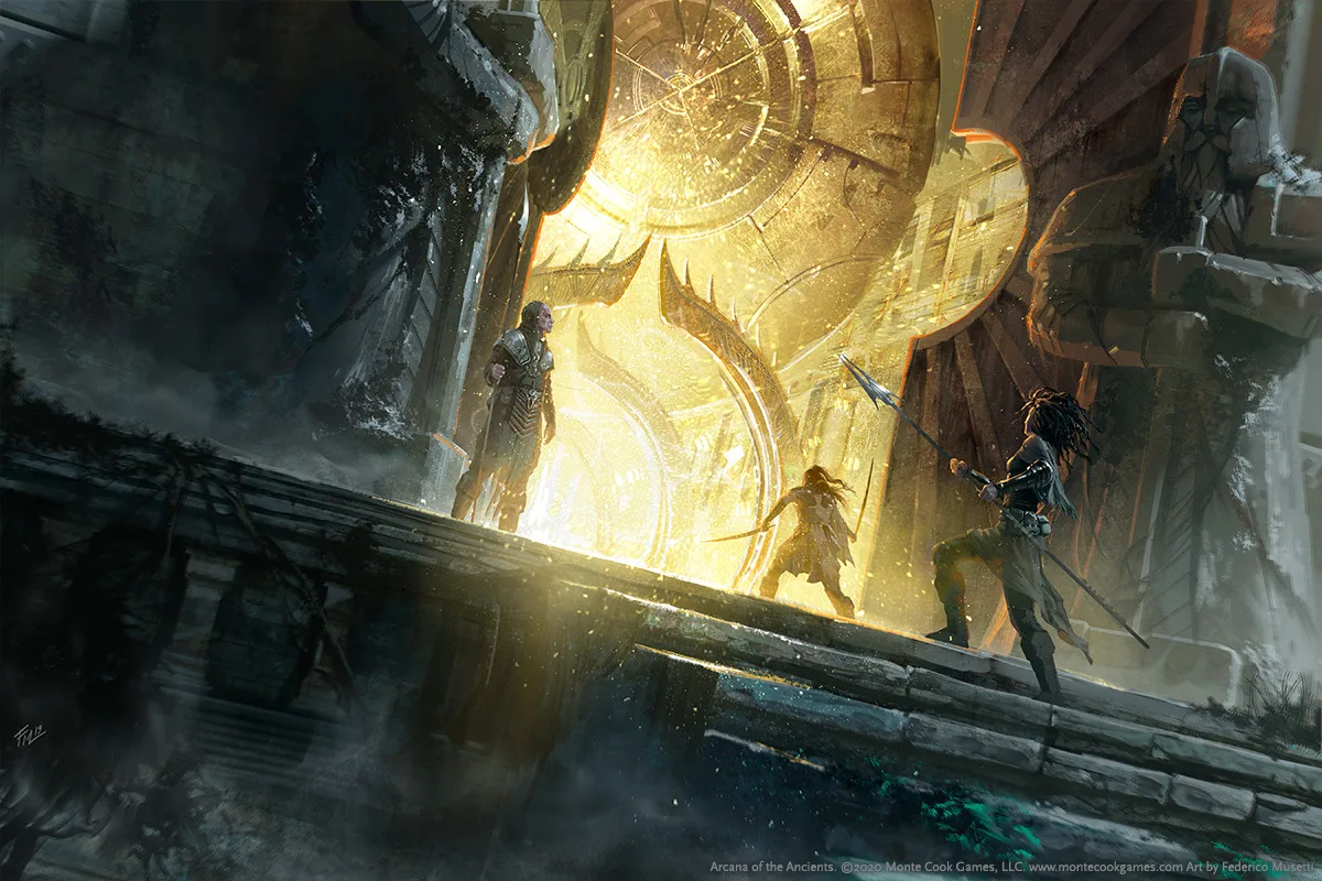 Explorers cross a broken causeway toward a colossal golden mechanism blazing with light