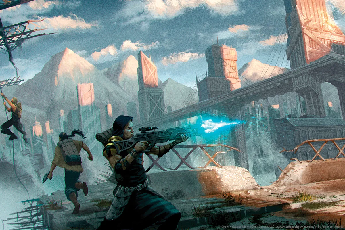 Three adventurers with energy rifles push across a ruined bridge beneath towering alien spires