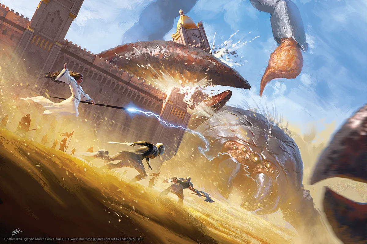 Armoured heroes charge a colossal shelled beast across the desert as lightning cracks against its hide