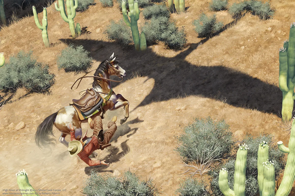 Seen from above, a rider is thrown from a rearing horse as an enormous winged shadow sweeps the desert