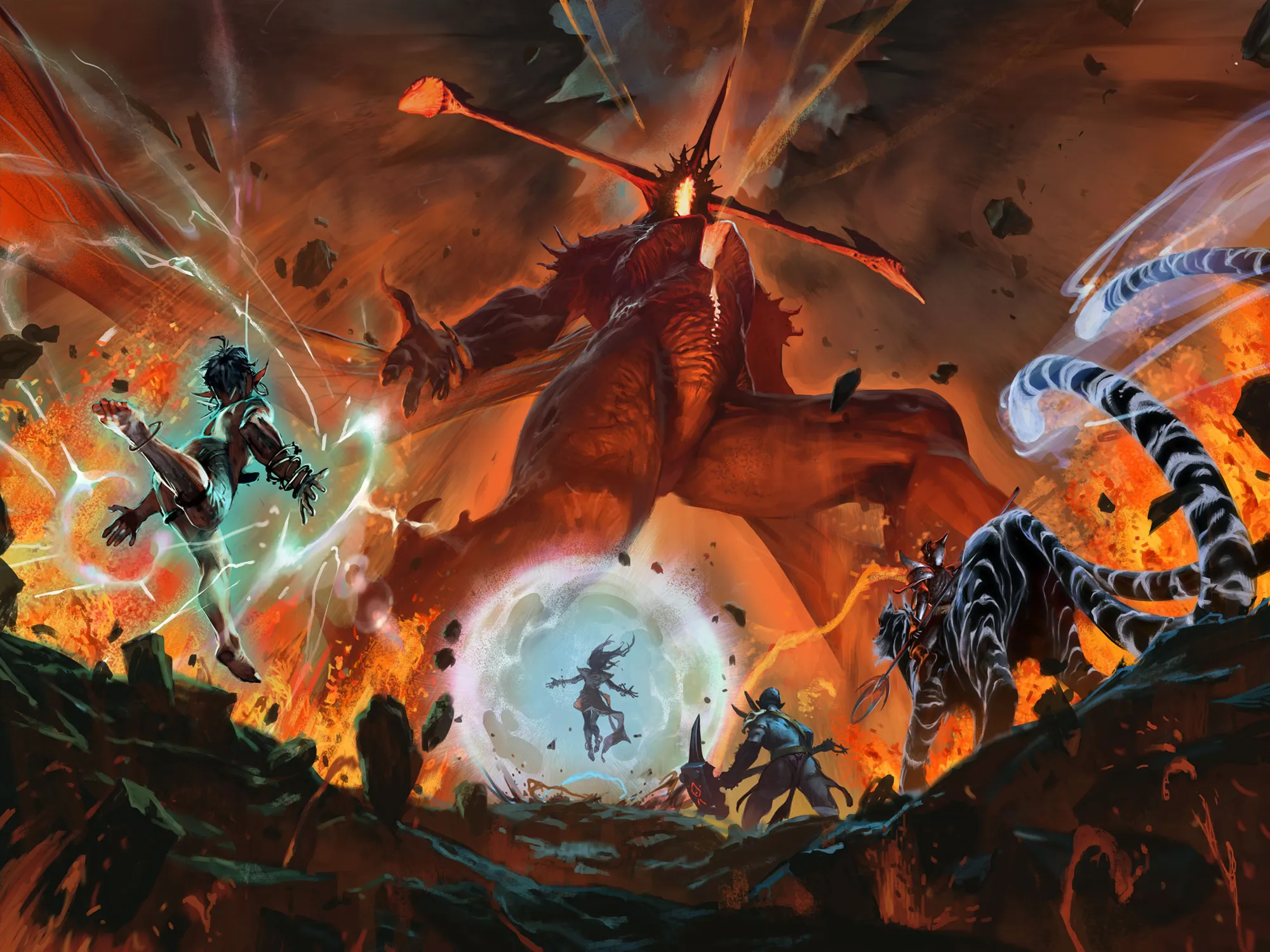 A red dragon looms over a running battle beside a blazing portal