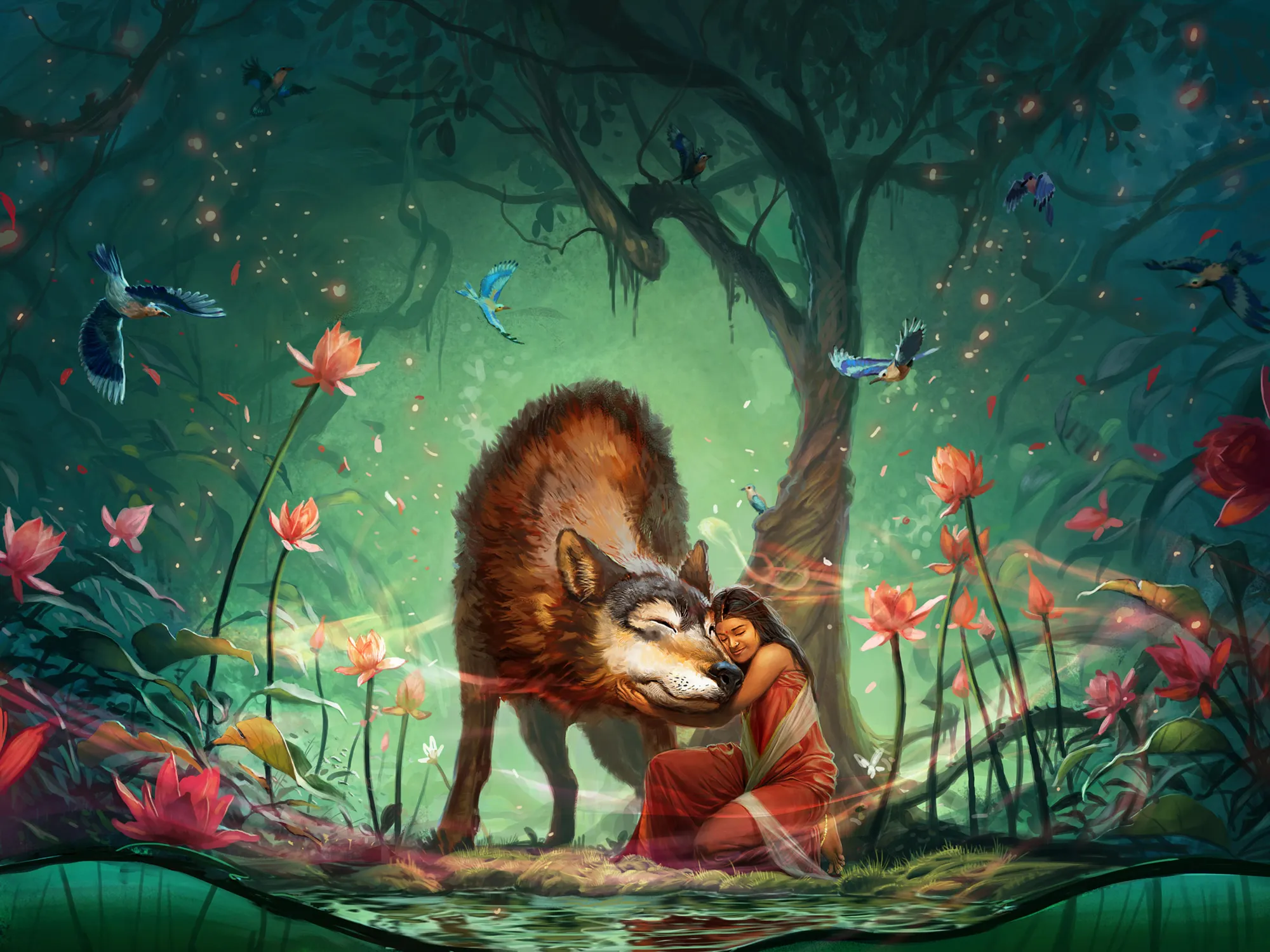 A towering beast lowers its head to a lone figure kneeling in a flowering glade